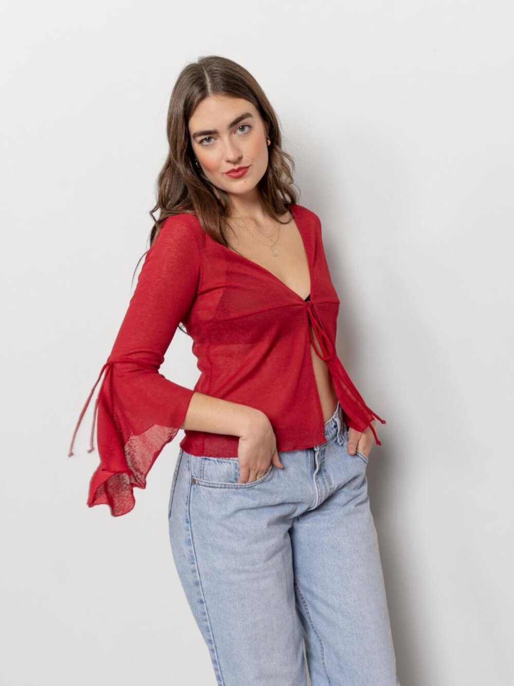 SHEER Red Stretchy Bell Sleeves Y2K Party Top Vintage See Through Tie Front